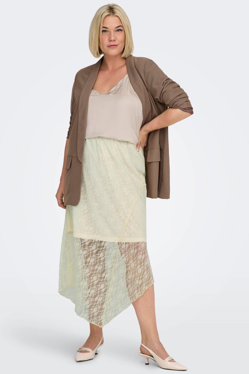 Ecru dames ONLY CARMAKOMA gebloemde midi rok voorzien van elastische tailleband