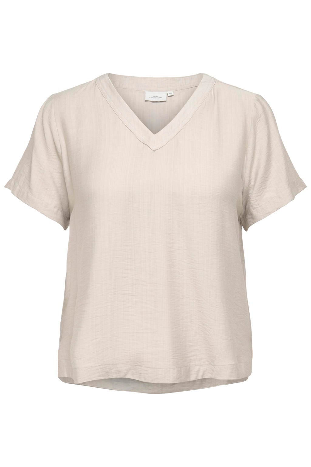 Ecru dames ONLY CARMAKOMA top van viscose met effen, korte mouwen, V-hals en geweven detail