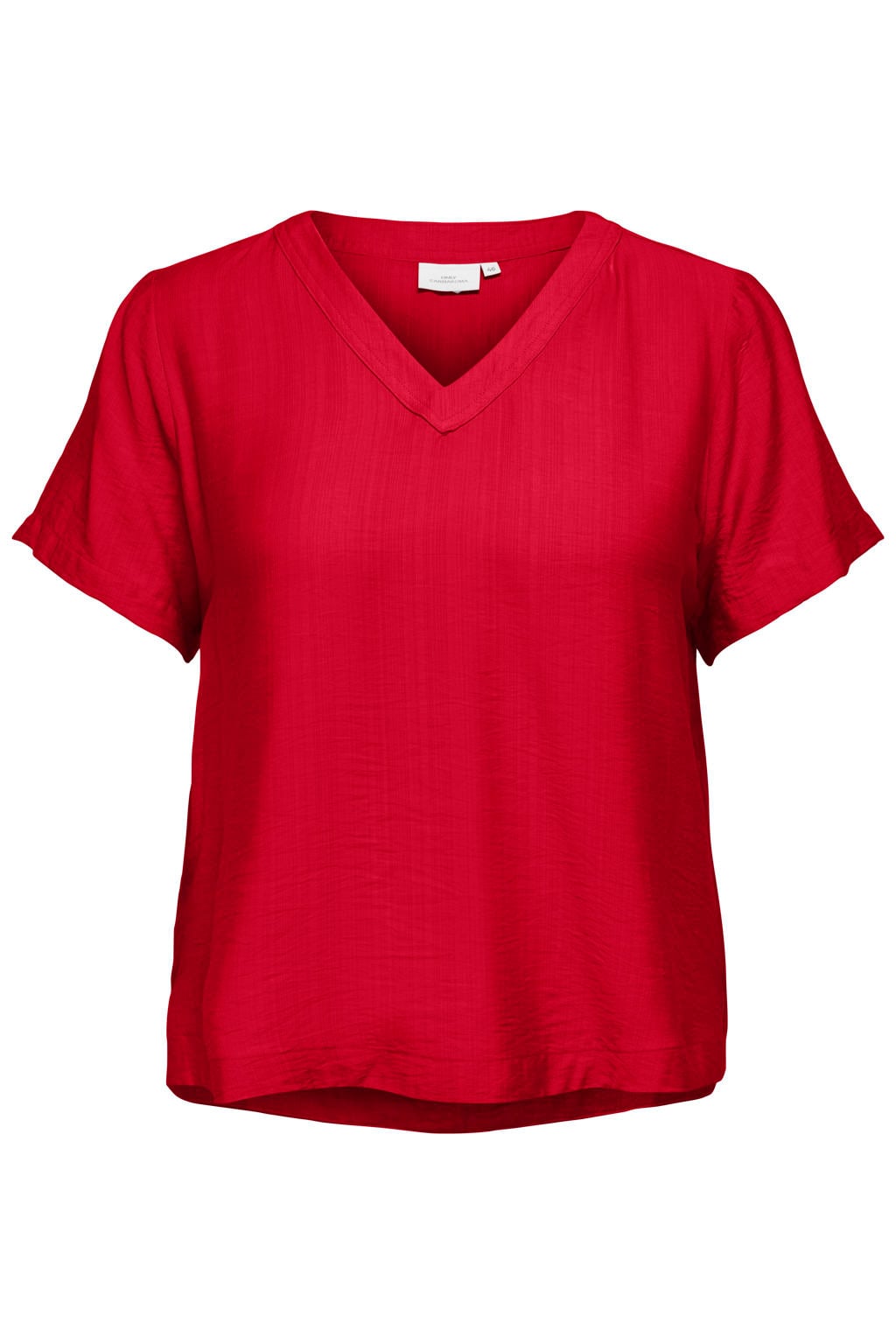 Rode dames ONLY CARMAKOMA top van viscose met effen, korte mouwen, V-hals en geweven detail