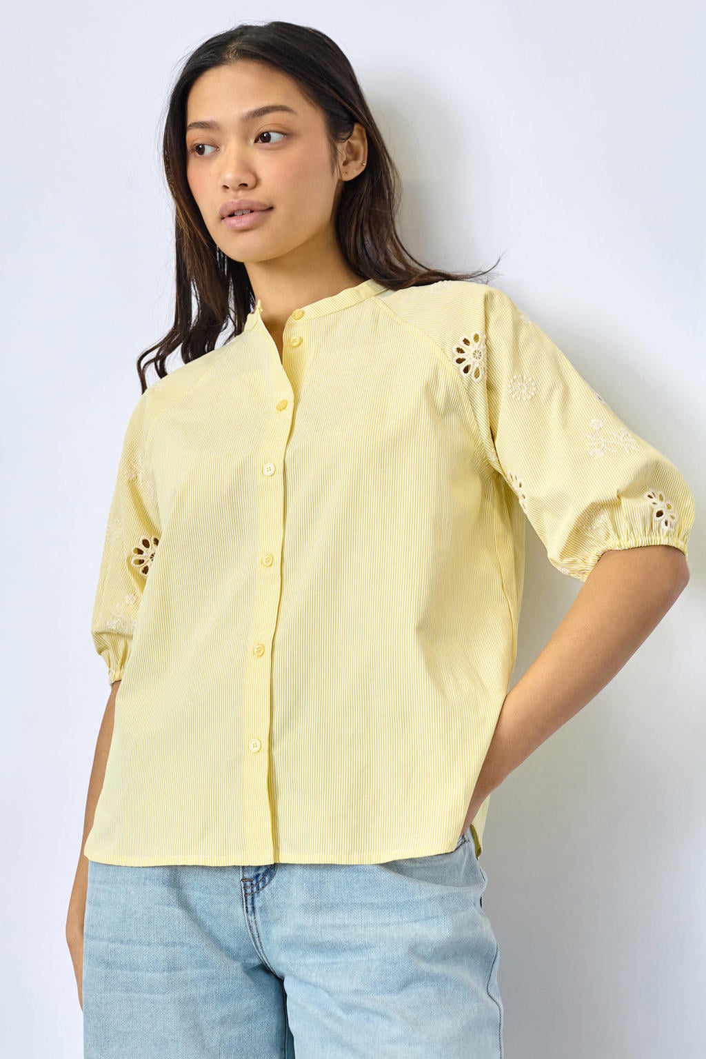 SisterS Point broderie blouse met krijtstreep - lichtgeel
