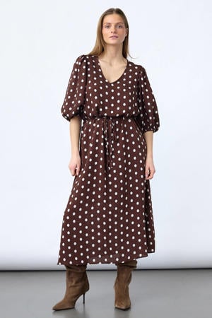 viscose midi jurk met stippen - bruin
