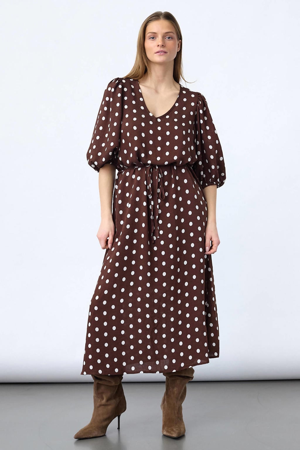 SisterS Point viscose midi jurk met stippen - bruin
