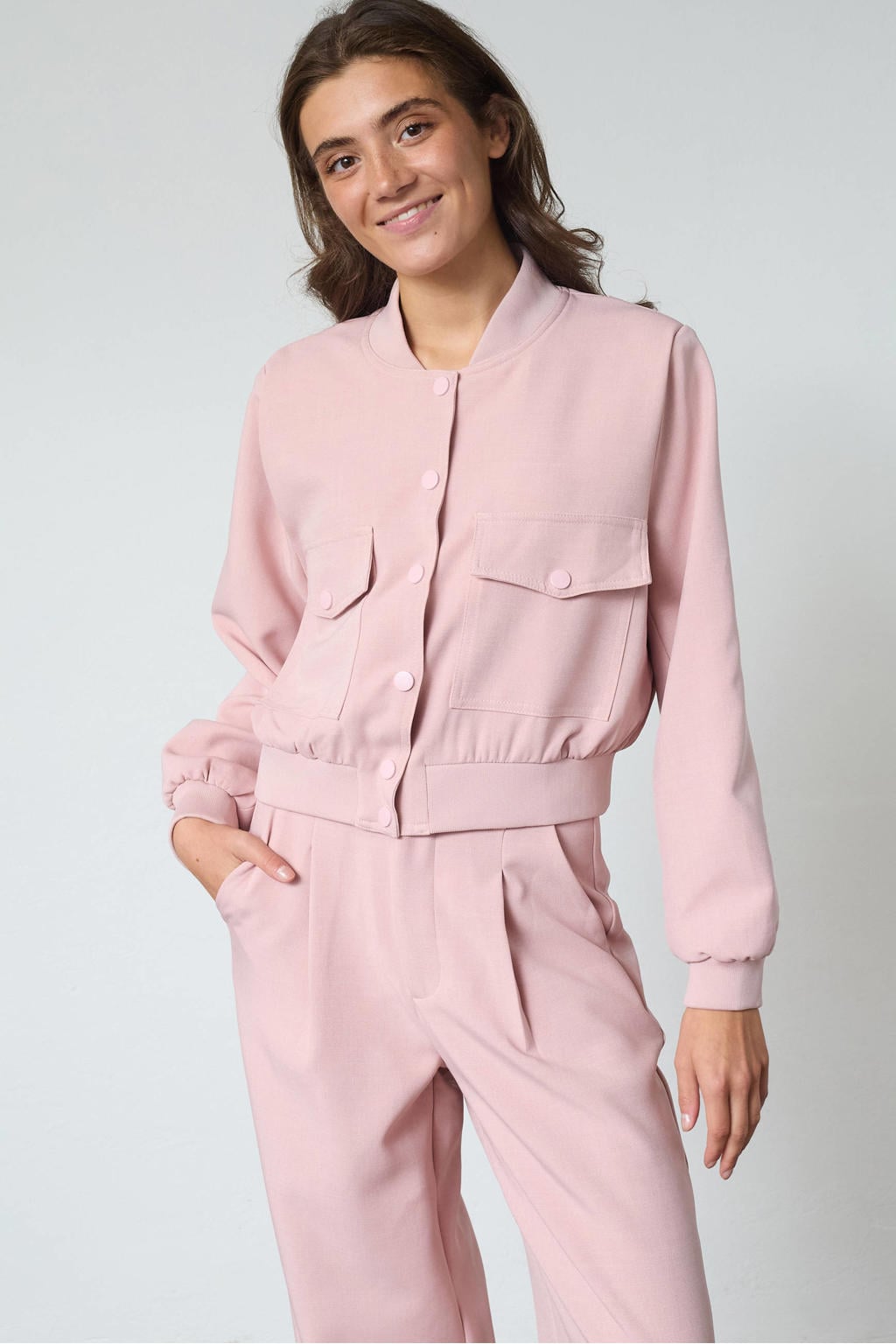 Oudroze dames SisterS Point bomberjack van polyester met effen, lange mouwen, opstaande kraag en elastische boord
