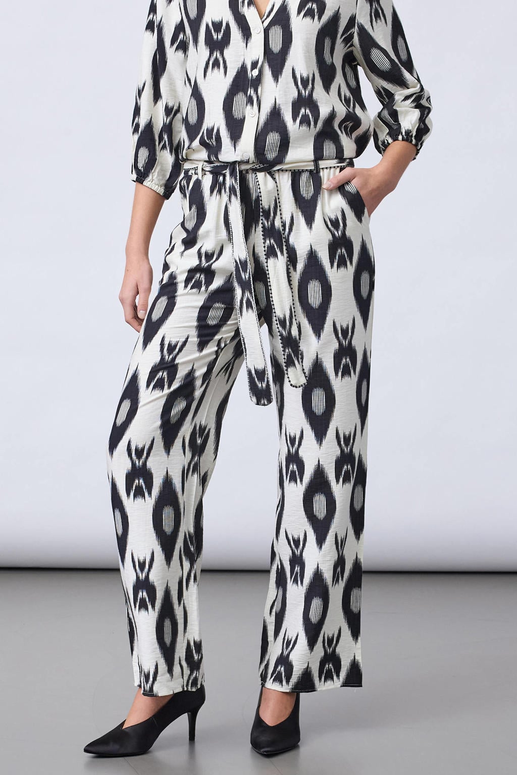 SisterS Point loose fit broek met ceintuur en print - ecru