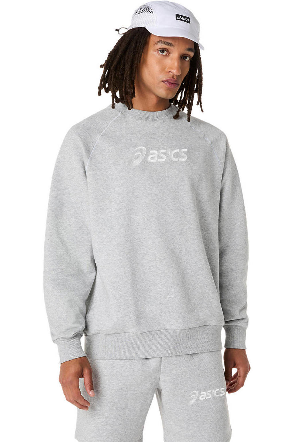 Grijs melange heren sportsweater van fleece met logo dessin, lange mouwen en ronde hals