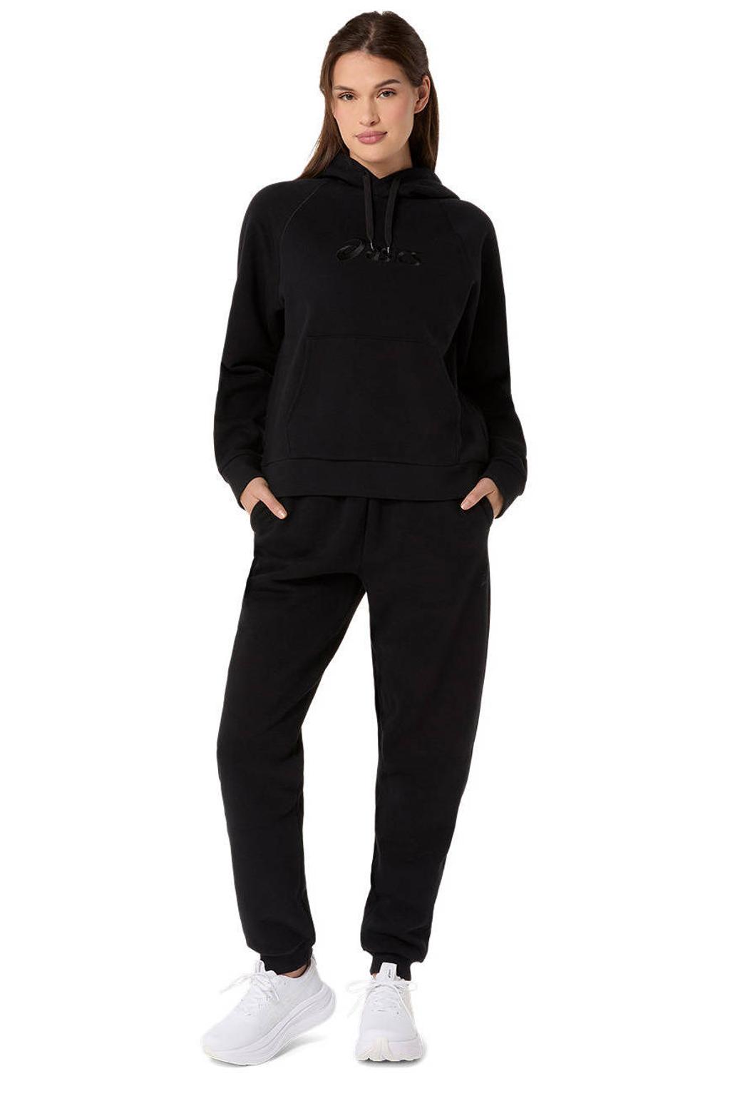 Zwarte dames joggingbroek van fleece met regular waist, elastische tailleband met koord en effen
