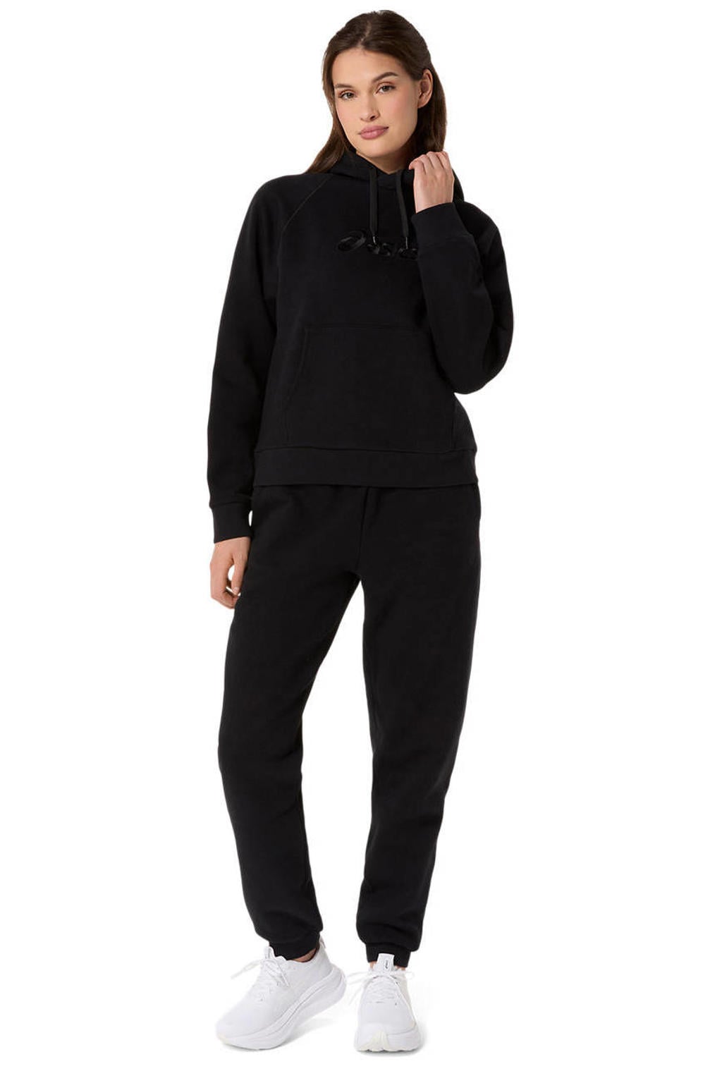 Zwarte dames sportsweater van fleece met logo dessin, lange mouwen en capuchon
