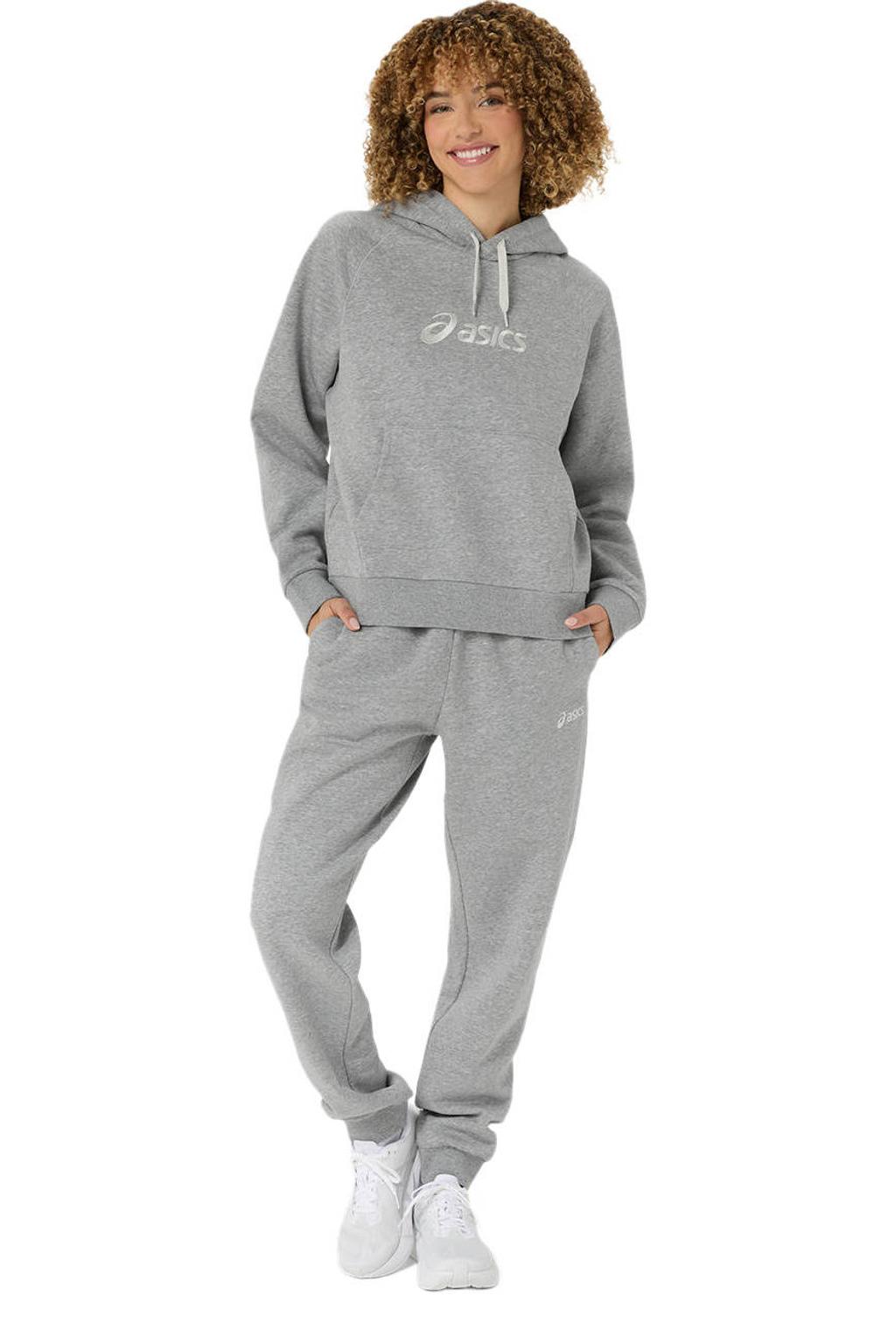 Grijs melange dames sportsweater van fleece met logo dessin, lange mouwen en capuchon