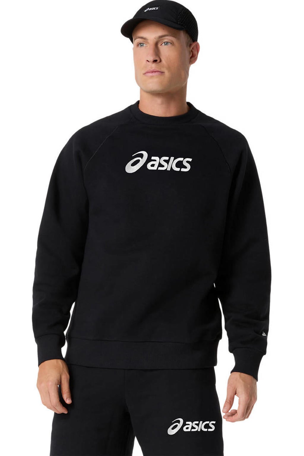 Zwarte heren sportsweater van fleece met logo dessin, lange mouwen en ronde hals