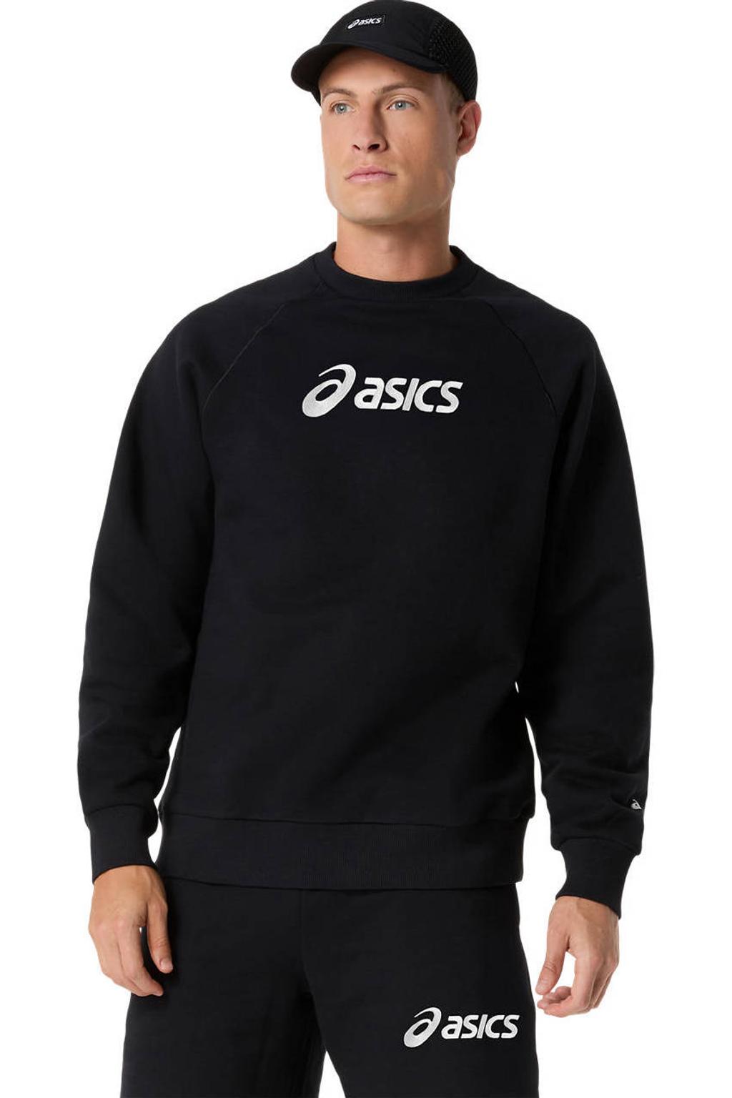 Zwarte heren sportsweater van fleece met logo dessin, lange mouwen en ronde hals