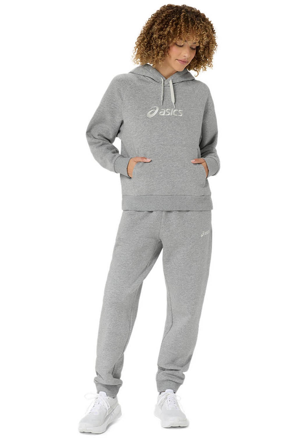 Grijs melange dames joggingbroek van fleece met regular waist, elastische tailleband met koord en effen