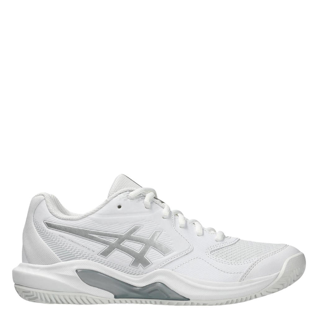 Wit en zilverkleurige dames ASICS Gel-Dedicate 9 Clay tennisschoenen - van mesh-pu/voering: mesh/voetbed: eva met veters