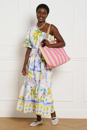 one shoulder zomerjurk met ceintuur en print - meerkleurig