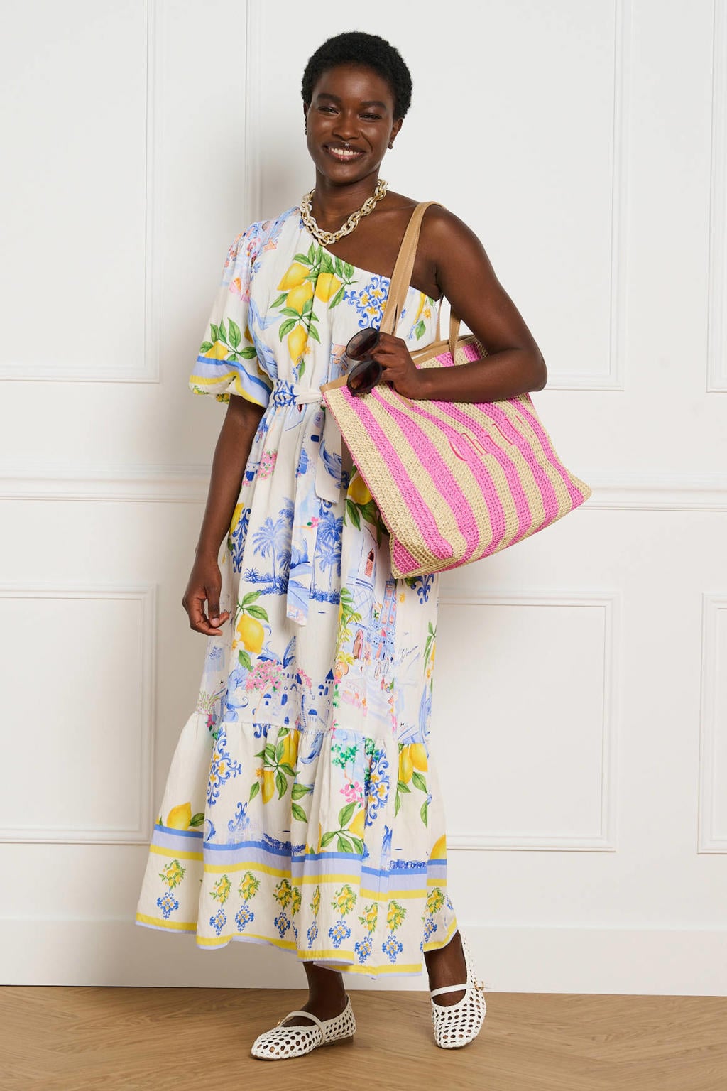 Multikleurige dames LOLALIZA one shoulder zomerjurk met print meerkleurig met korte mouwen en ceintuur
