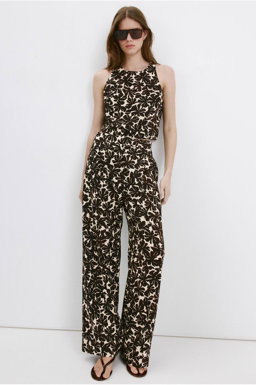 Bruin en beige dames Mango wide leg gebloemde broek van viscose met rits, haak- en knoopsluiting