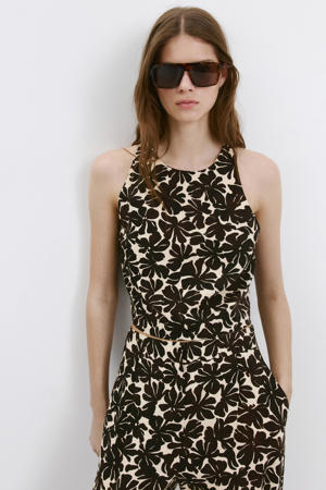 wide leg gebloemde broek met linnen - bruin