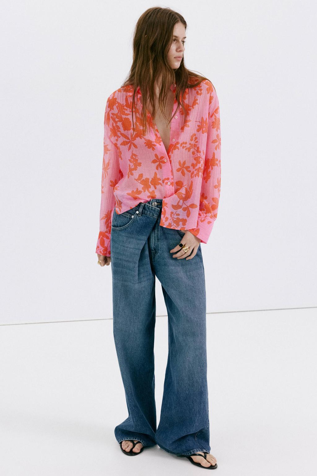 Roze en oranje dames Mango lyocell gebloemde blouse mouwen met lange mouwen, klassieke kraag en knoopsluiting