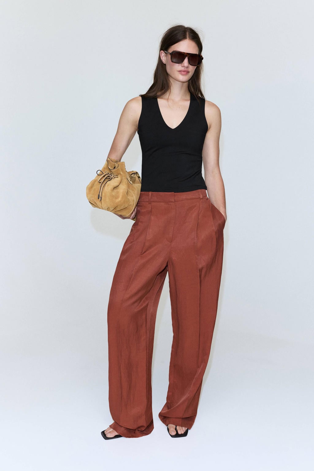 Zwarte dames Mango top van polyamide met effen en V-hals
