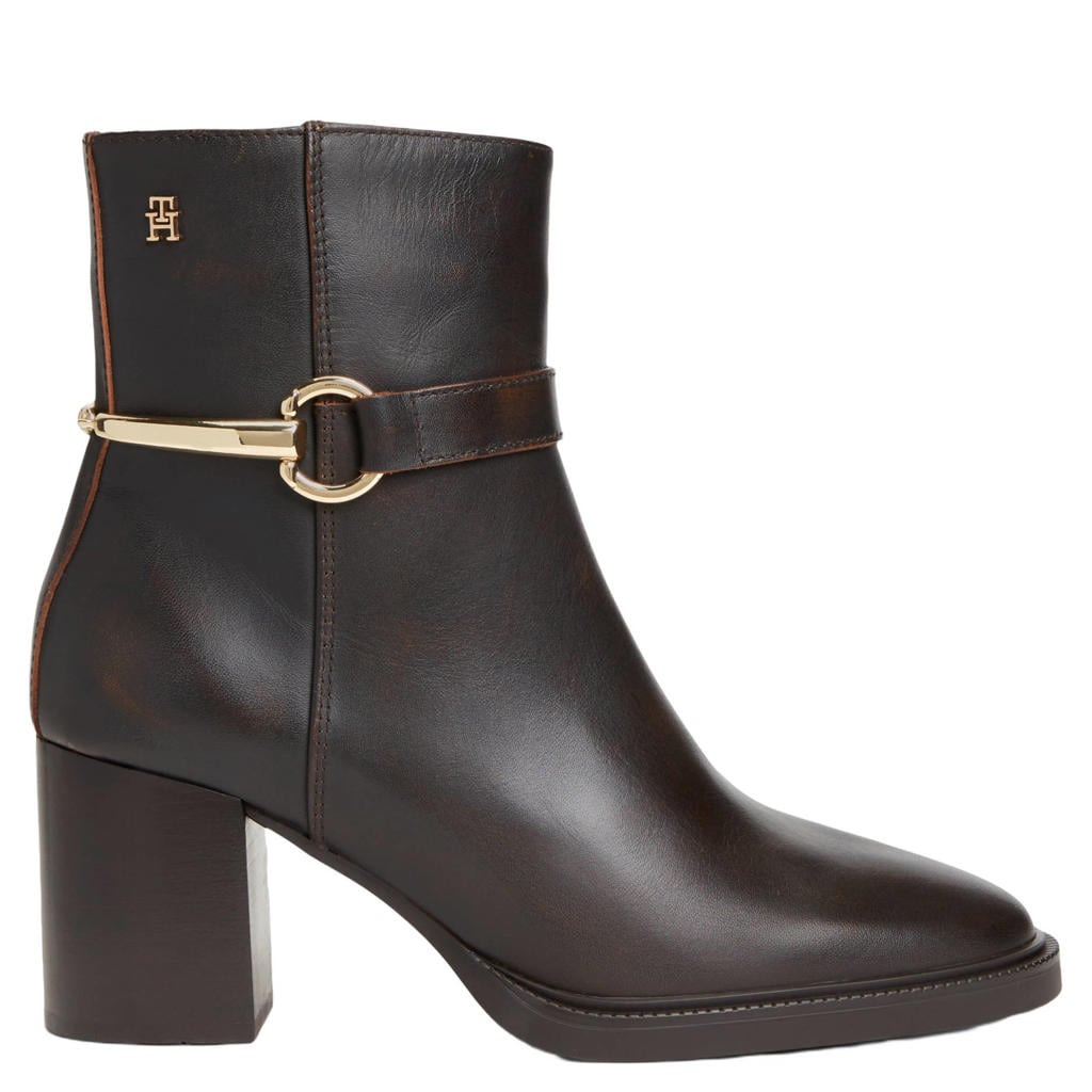 Donkerblauwe dames Tommy Hilfiger leren enkellaarzen met blokhak - met ritssluiting