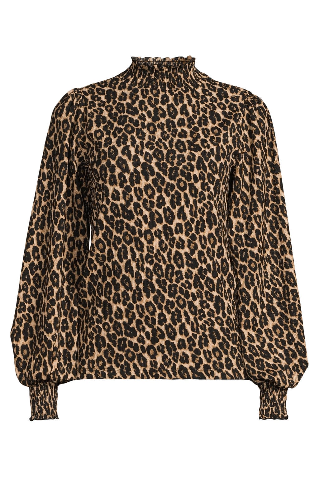 Multi, beige en zwarte dames Anytime top van polyester met panterprint, lange mouwen en smockwerk