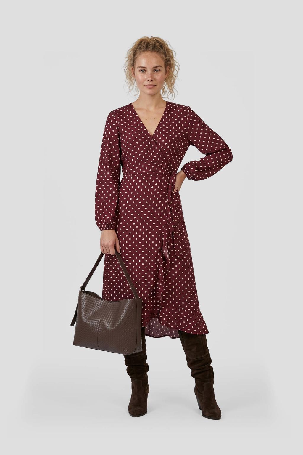 Donkerrood, rood en roze dames Anytime crinkle overslagjurk rood van polyester met stippenprint en lange mouwen