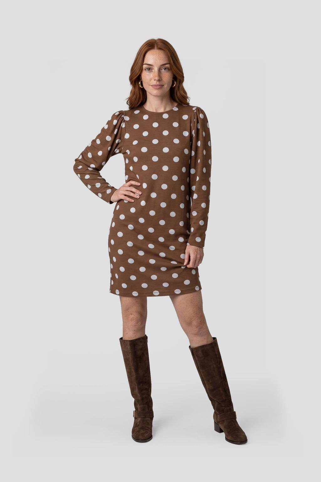 Bruin en blauwe dames Anytime midi jurk van polyester met stippenprint, ronde hals en elastische inzet