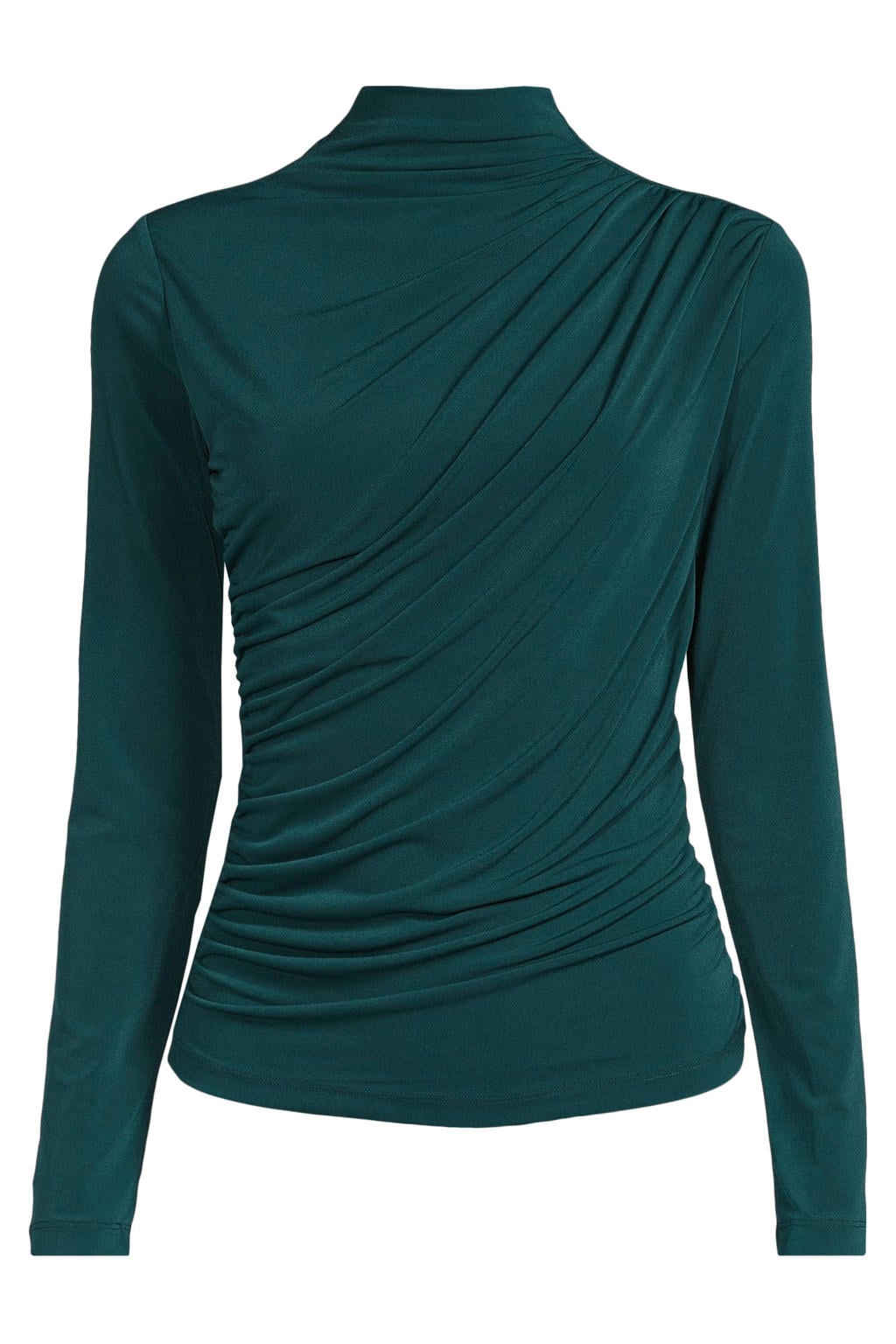 Donkergroene dames Ruby gedrapeerde jersey top van polyester met effen en lange mouwen