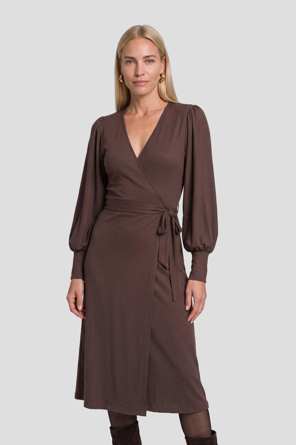 Donkerblauwe dames Ruby midi overslagjurk van viscose met effen, lange mouwen en striksluiting