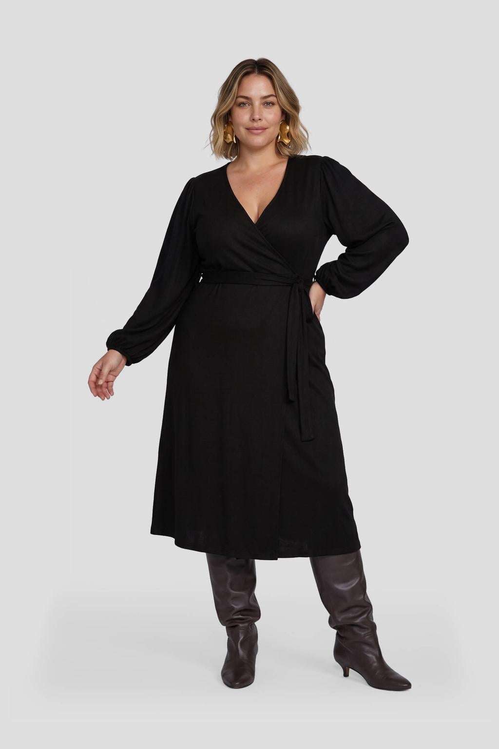 GREAT LOOKS midi overslagjurk zwart
