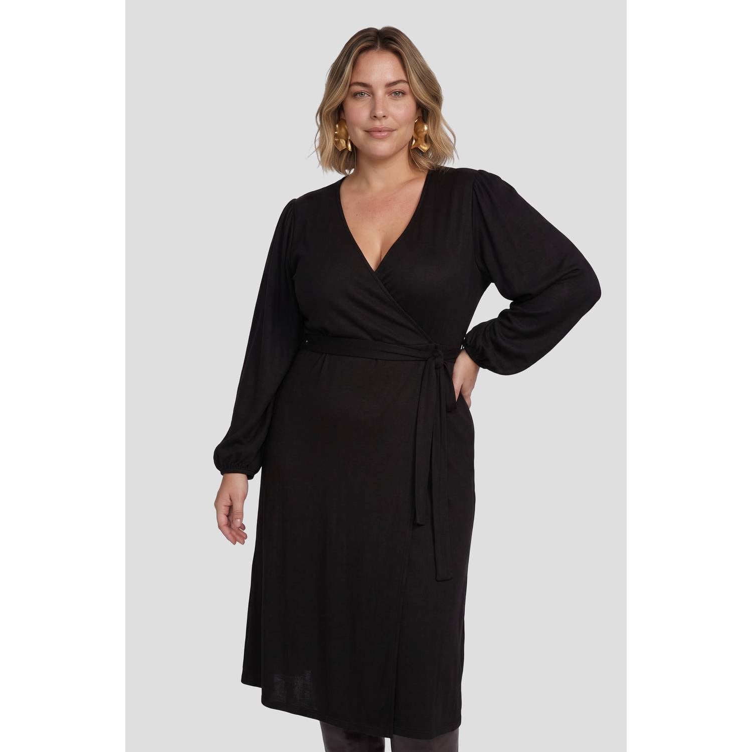 GREAT LOOKS midi overslagjurk zwart