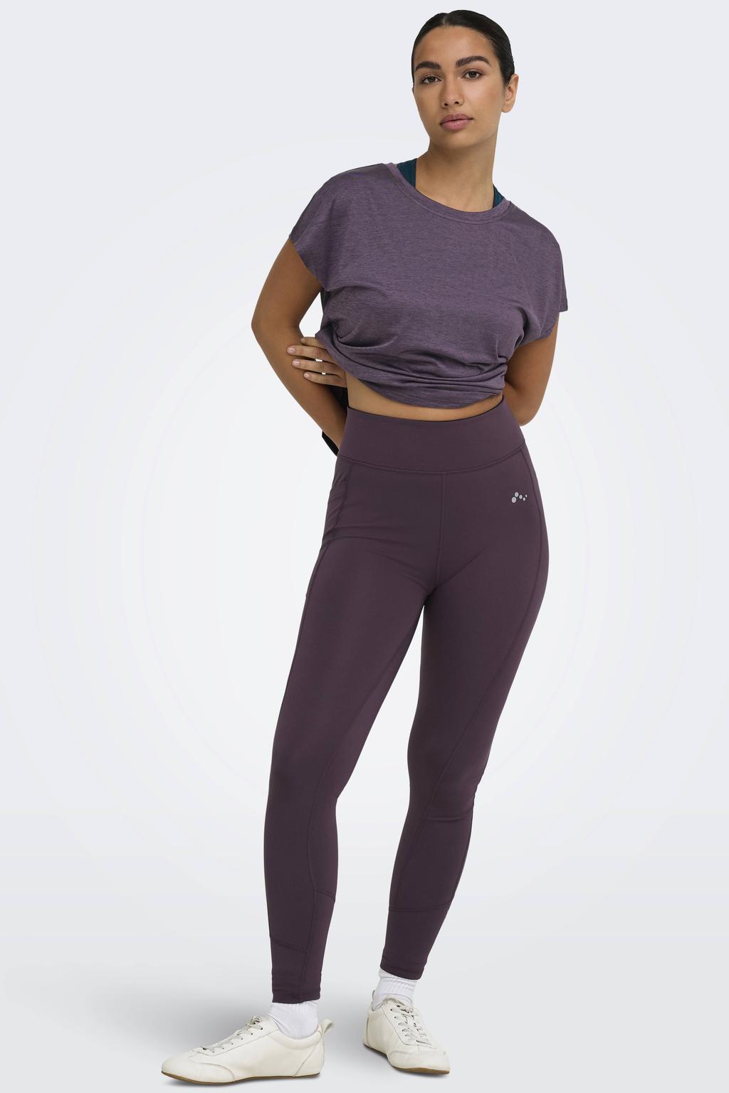Paarse dames ONLY PLAY sportlegging van polyester met slim fit, high waist, elastische tailleband en effen