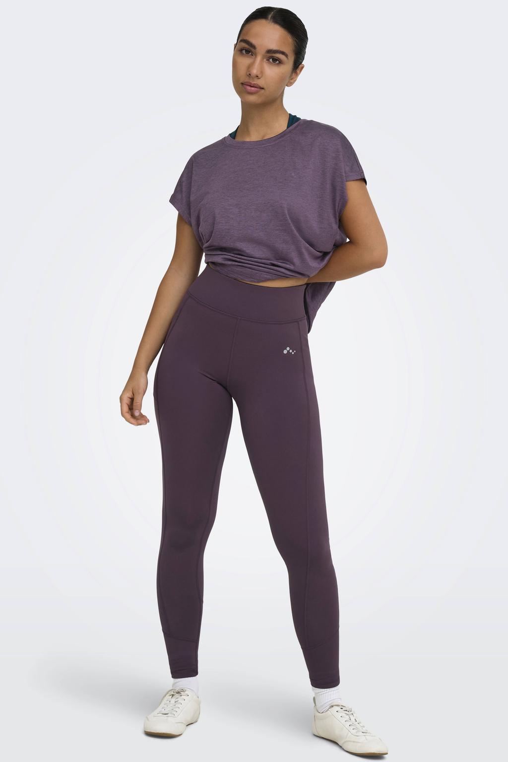 Paarse dames ONLY PLAY sportshirt van polyester met korte mouwen en ronde hals