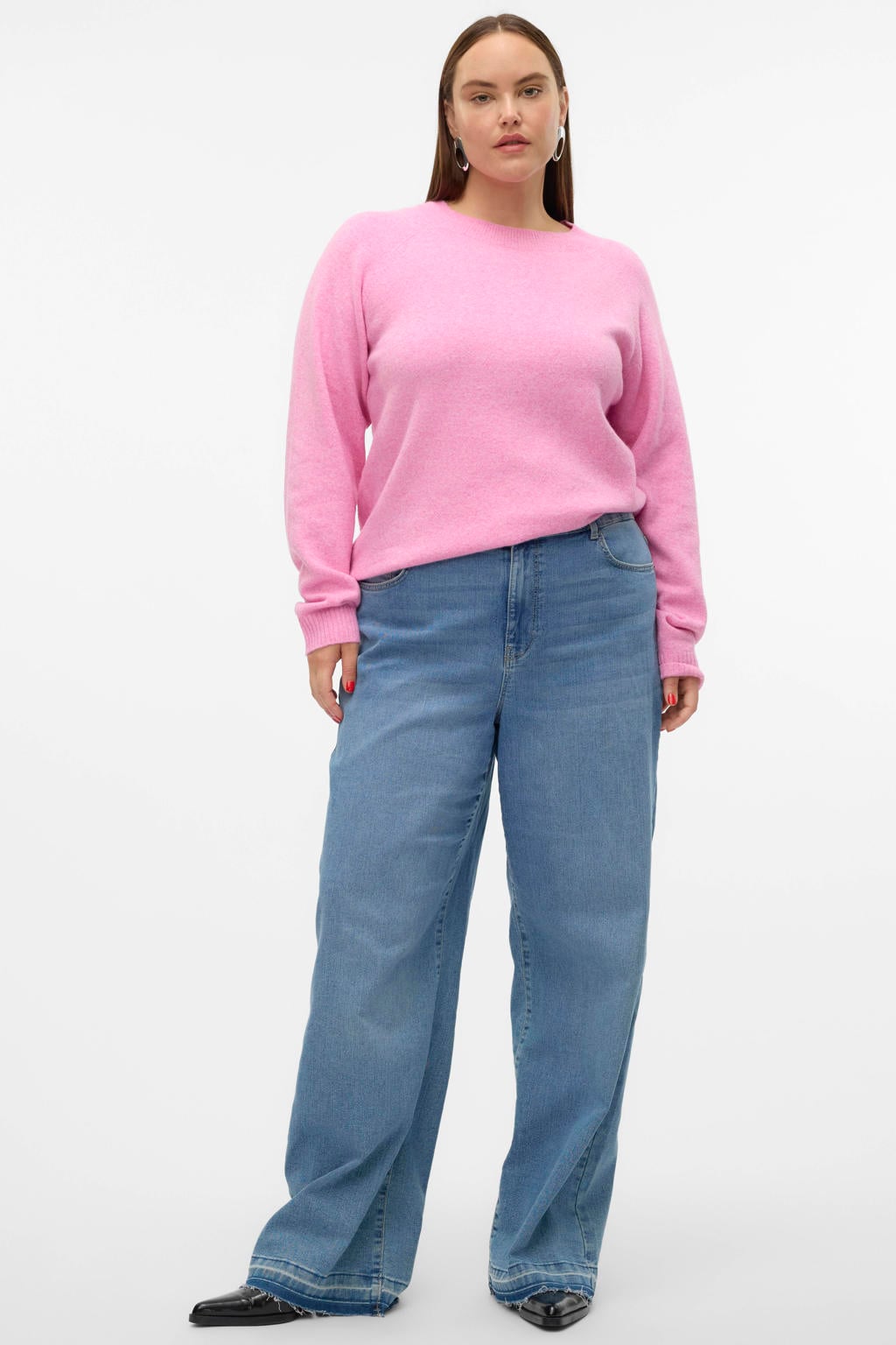 Roze dames VERO MODA CURVE rechtvallende gebreide trui van polyester met effen, lange mouwen en ronde hals