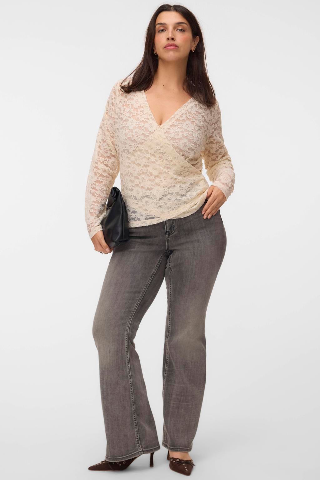 Grey denim dames VERO MODA CURVE Plus Size flared jeans van denim met regular waist, rits- en knoopsluiting en effen