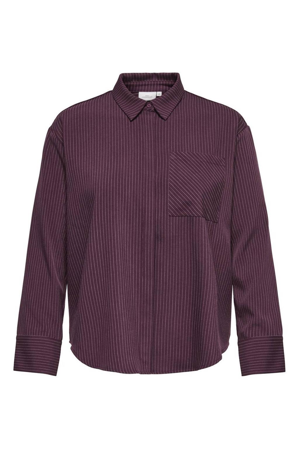 Donkerrode dames ONLY CARMAKOMA loose fit gestreepte blouse Plus Size van polyester met lange mouwen, klassieke kraag en geweven detail