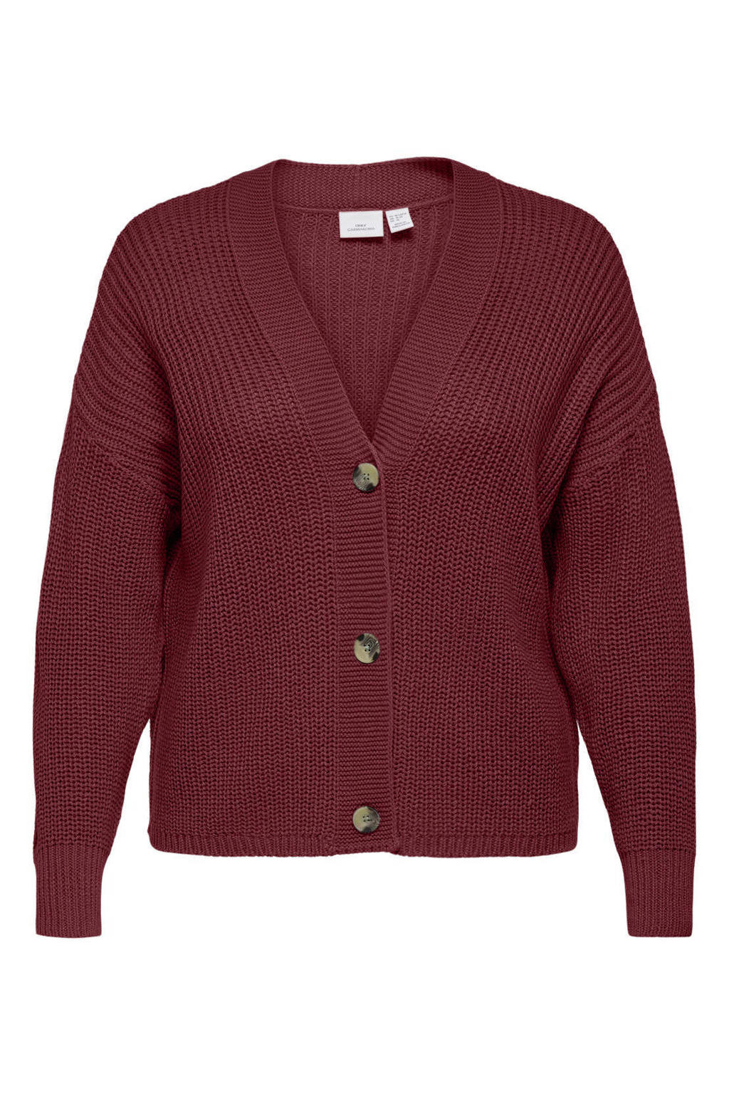 Donkerrode dames ONLY CARMAKOMA rechtvallend gebreide vest Plus Size van acryl met effen, lange mouwen en knoopsluiting