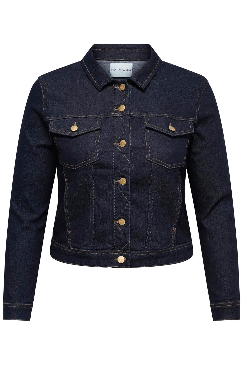 Dark blue denim dames ONLY CARMAKOMA Plus Size spijkerjas dark blue van denim met effen, lange mouwen, widespread hals en knoopsluiting