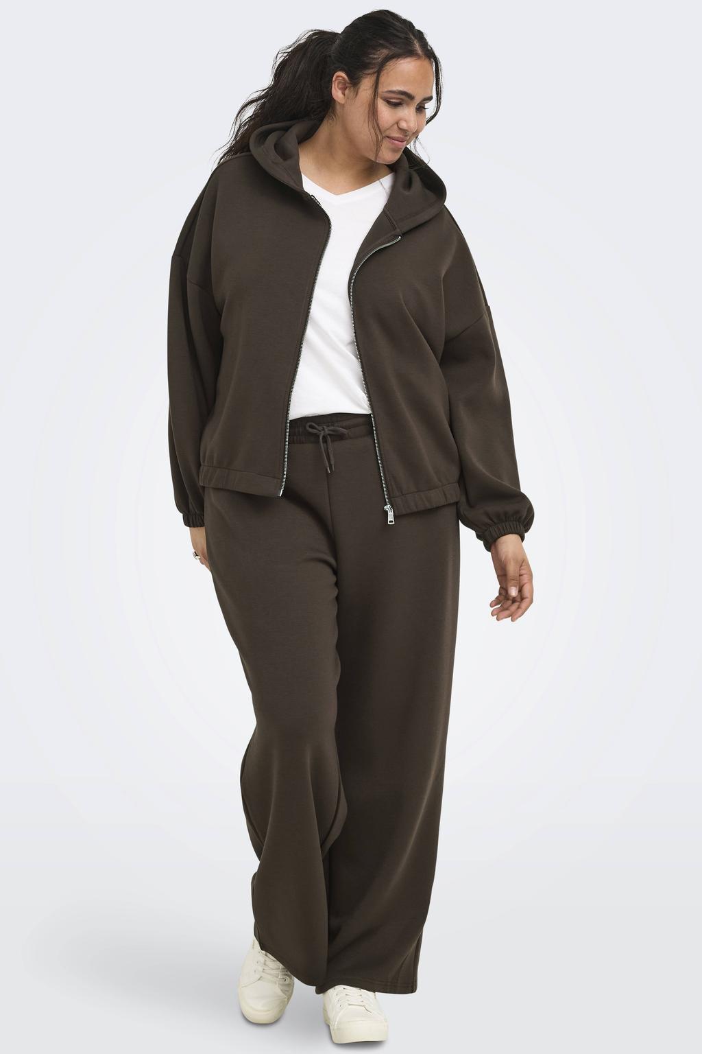 Bruine dames ONLY CARMAKOMA sweatvest Plus Size van polyester met effen, lange mouwen, capuchon en ritssluiting