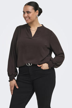 rechtvallende top met smockwerk Plus Size - bruin