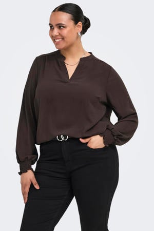 rechtvallende top met smockwerk Plus Size - bruin