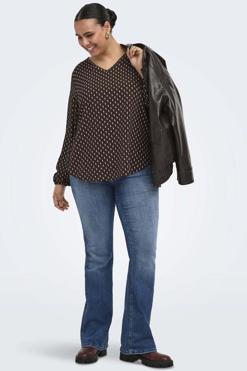 Bruine dames ONLY CARMAKOMA rechtvallende top Plus Size van polyester met effen, lange mouwen en geweven detail