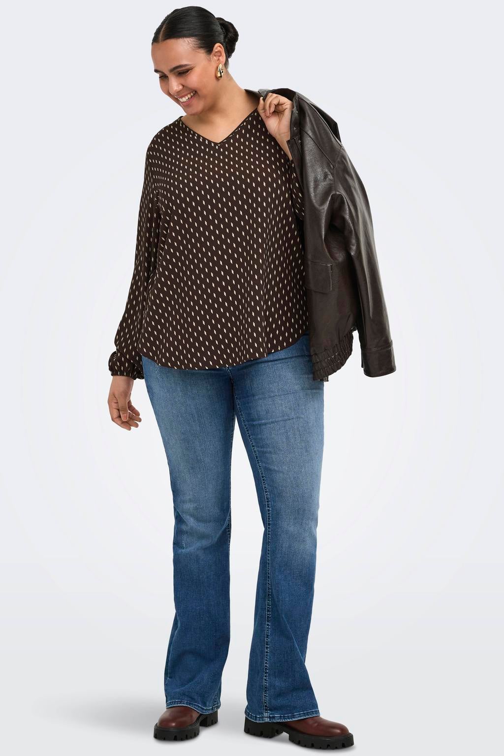 Bruine dames ONLY CARMAKOMA rechtvallende top Plus Size van polyester met effen, lange mouwen en geweven detail