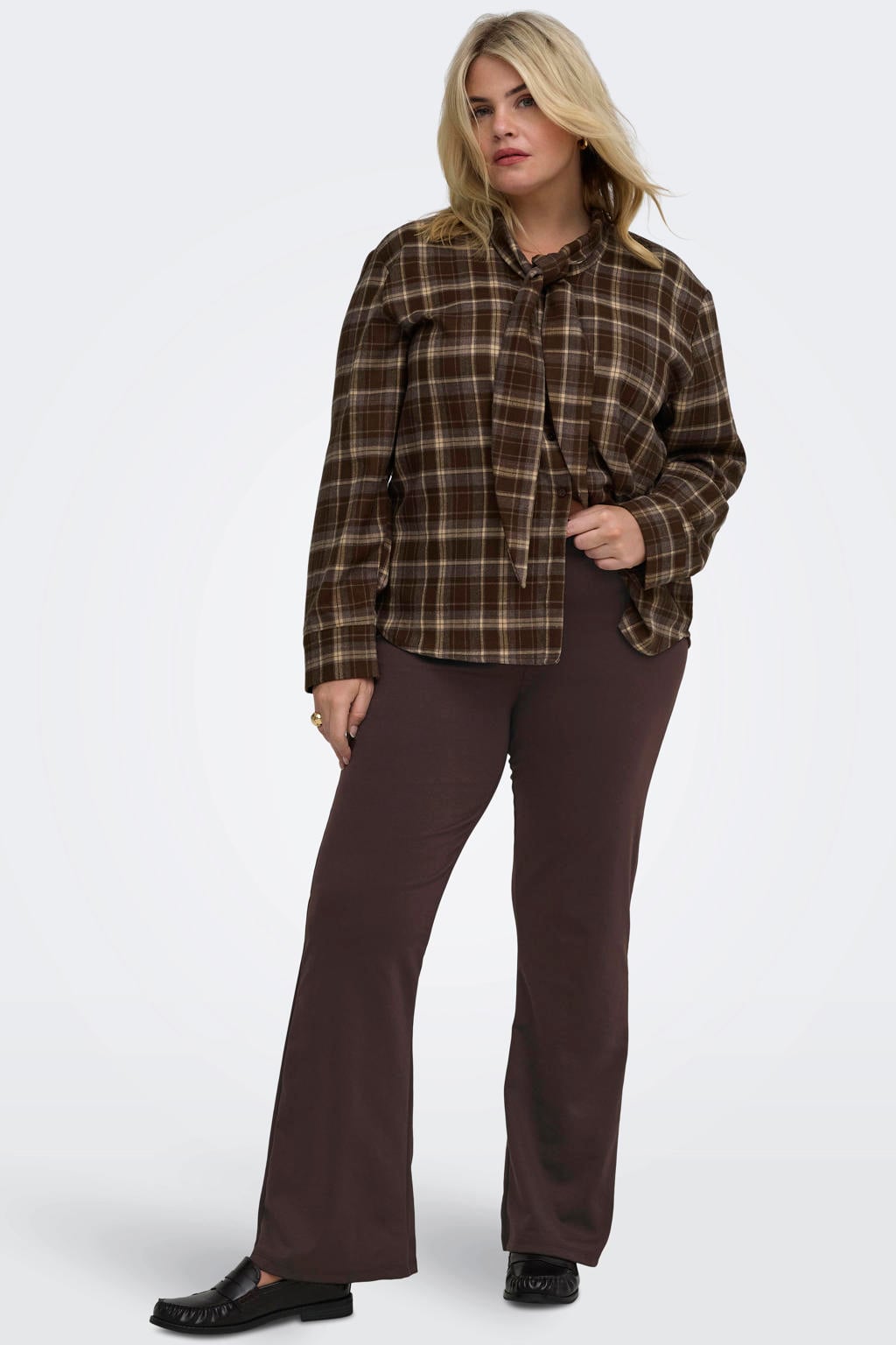 Donkerblauwe dames ONLY CARMAKOMA flared broek Plus Size van polyester met high waist, elastische tailleband en effen