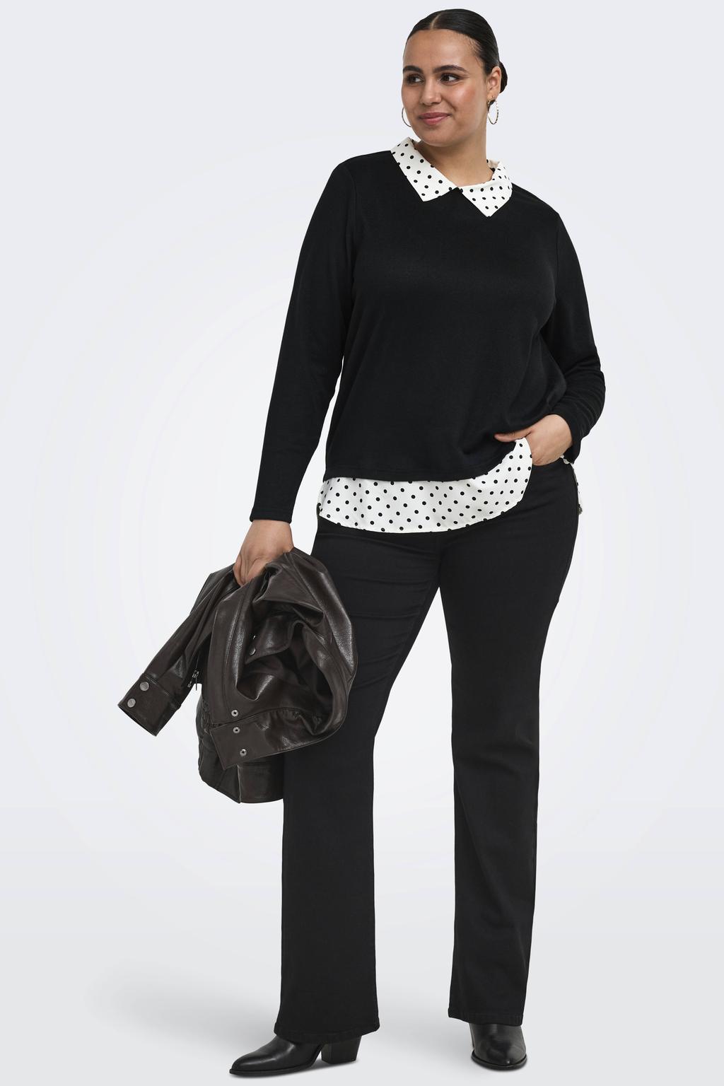 Zwart en witte dames ONLY CARMAKOMA Caralba Ls Mix Top Jrs top Plus Size van polyester met effen, lange mouwen, klassieke kraag en geweven detail