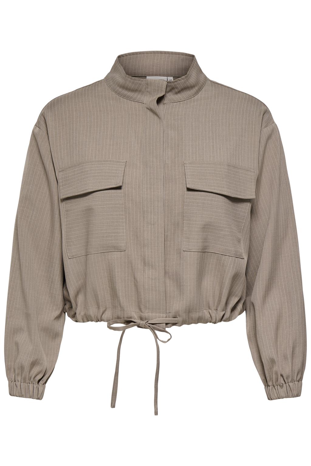 Beige dames ONLY CARMAKOMA gestreepte jas Plus Size van polyester met lange mouwen en opstaande kraag