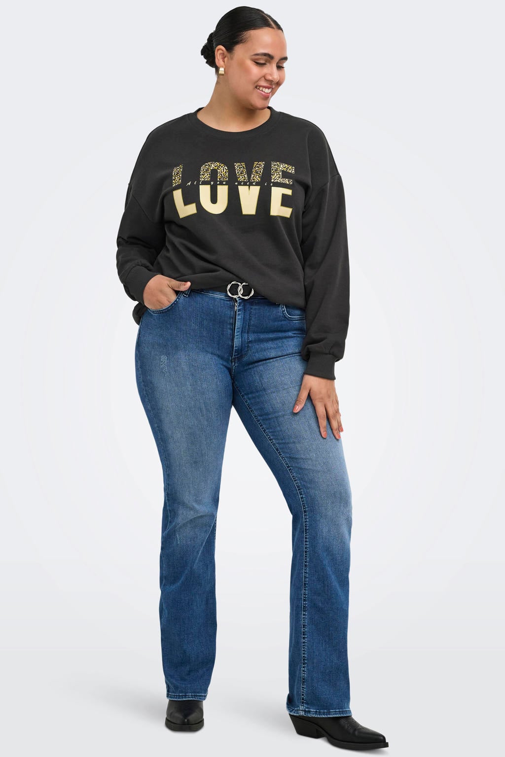 Grijze dames ONLY CARMAKOMA Cartammie l s leo print o-neck swt jrs sweater Plus Size van katoen met lange mouwen