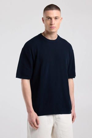 relaxed fit gebreide T-shirt - donkerblauw