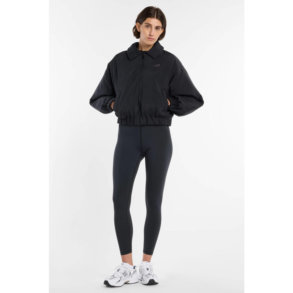 Zwarte dames New Balance bomberjack van nylon met effen, lange mouwen, opstaande kraag en ritssluiting