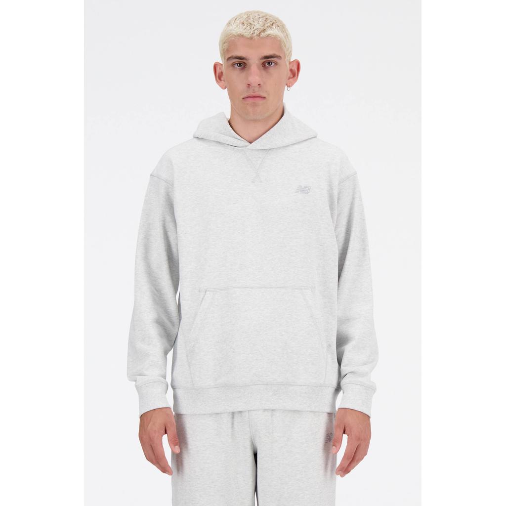Lichtgrijze heren New Balance hoodie van sweat materiaal met effen, lange mouwen en capuchon