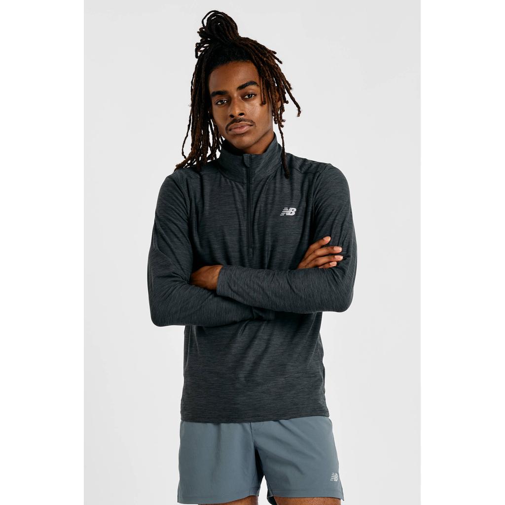 Grijze heren New Balance sportsweater van polyester met lange mouwen, opstaande kraag en halve rits